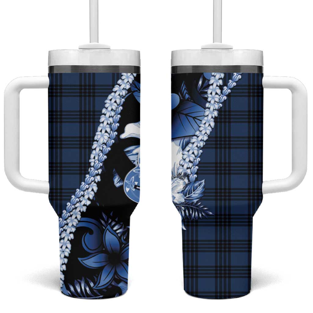 Hawaii Ukulele Tumbler With Handle Tropical Flowers With Palaka Effect Blue Version LT05 One Size: 40 oz Blue - Polynesian Pride