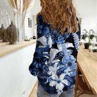 Hawaii Ukulele Women Casual Shirt Tropical Flowers With Palaka Effect Blue Version LT05 - Polynesian Pride