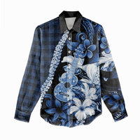 Hawaii Ukulele Women Casual Shirt Tropical Flowers With Palaka Effect Blue Version LT05 - Polynesian Pride