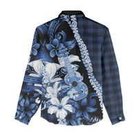 Hawaii Ukulele Women Casual Shirt Tropical Flowers With Palaka Effect Blue Version LT05 - Polynesian Pride