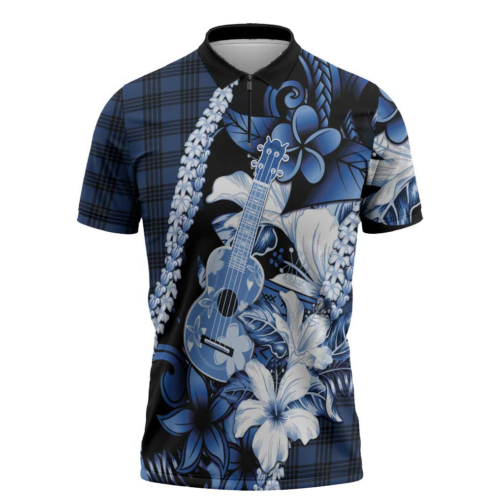 Hawaii Ukulele Zipper Polo Shirt Tropical Flowers With Palaka Effect Blue Version LT05 Blue - Polynesian Pride