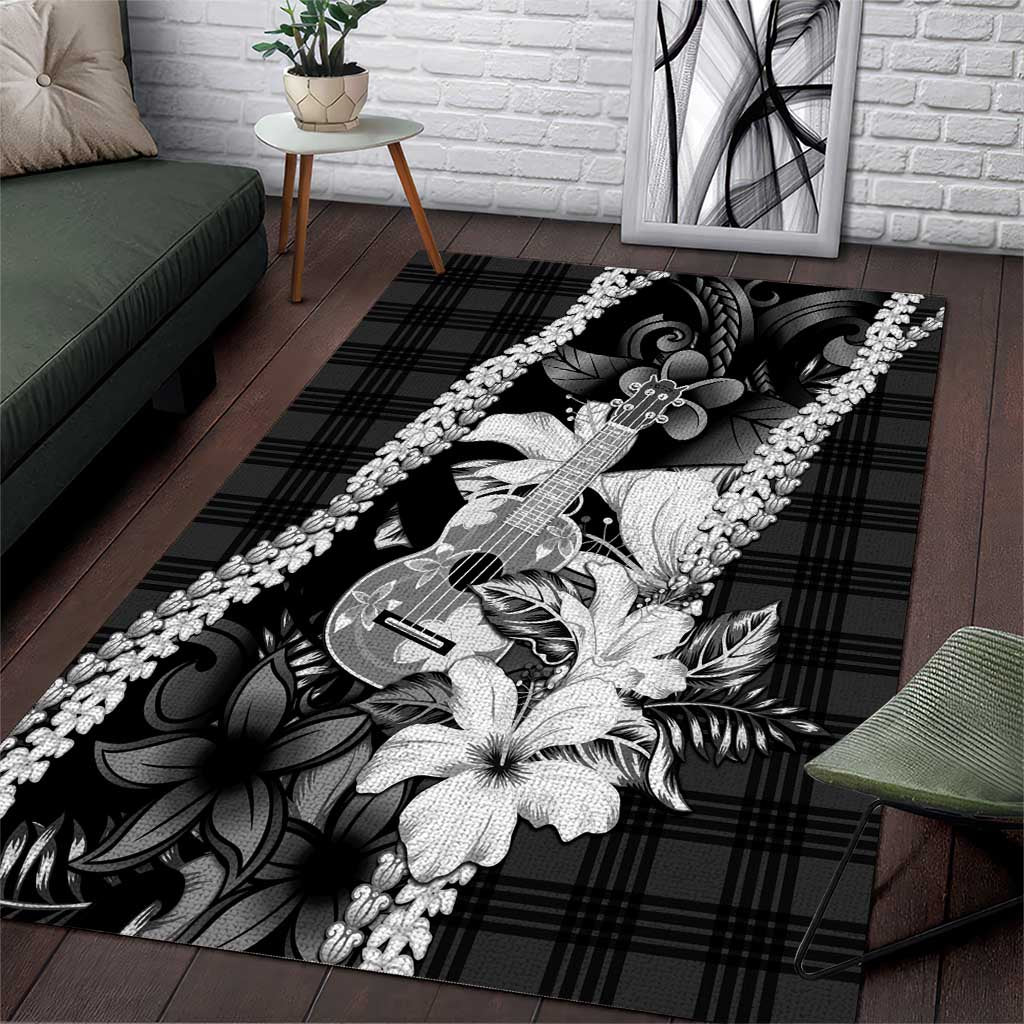 Hawaii Ukulele Area Rug Tropical Flowers With Palaka Effect Black Version LT05 Black - Polynesian Pride