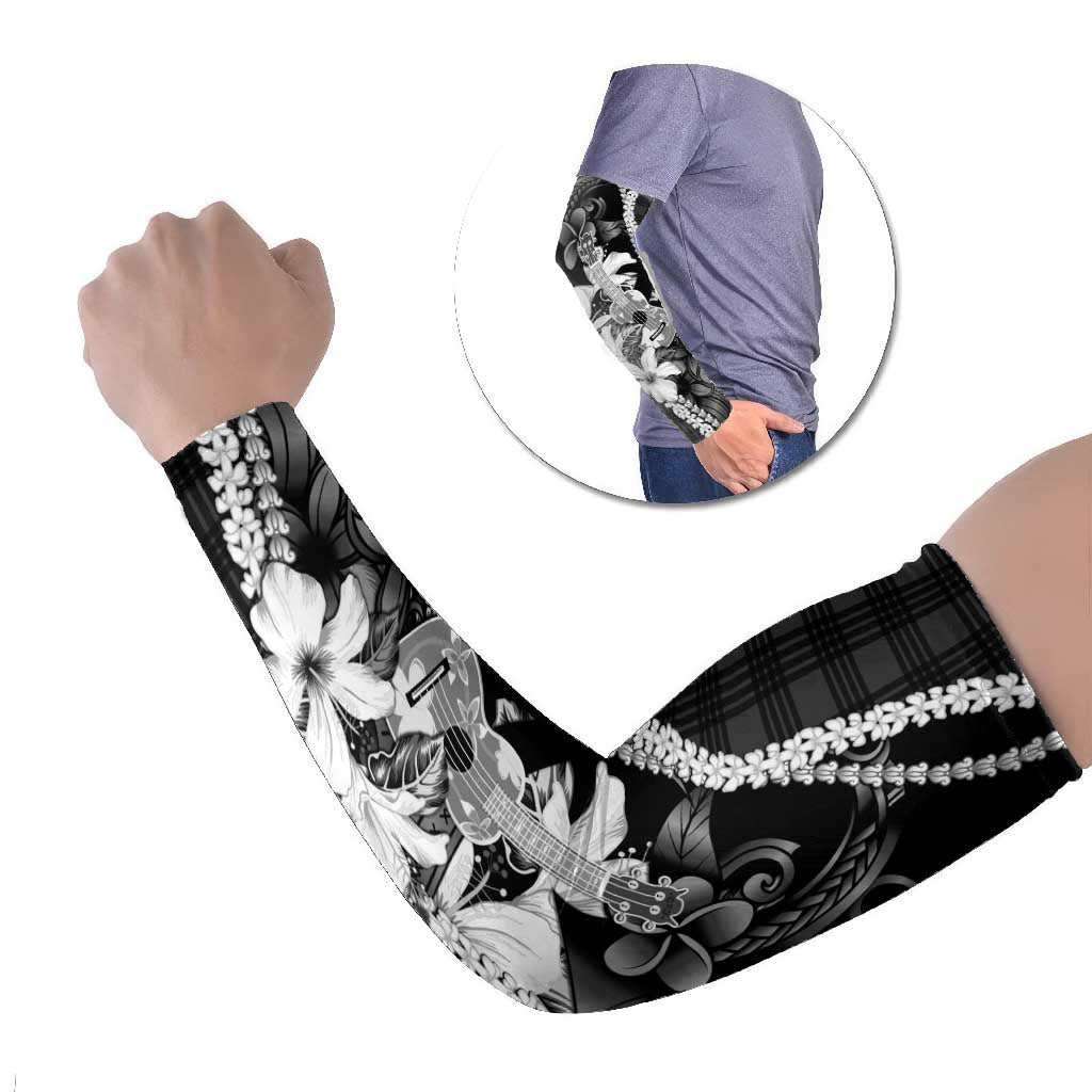 Hawaii Ukulele Arm Sleeves Tropical Flowers With Palaka Effect Black Version LT05 Set of 2 Black - Polynesian Pride