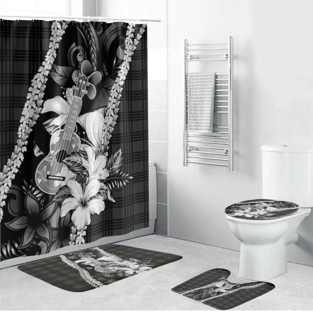 Hawaii Ukulele Bathroom Set Tropical Flowers With Palaka Effect Black Version LT05 Bathroom Set (4 pcs) Black - Polynesian Pride