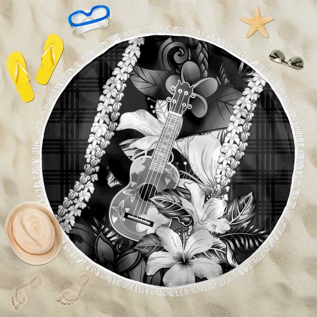 Hawaii Ukulele Beach Blanket Tropical Flowers With Palaka Effect Black Version LT05 One Size 150cm Black - Polynesian Pride