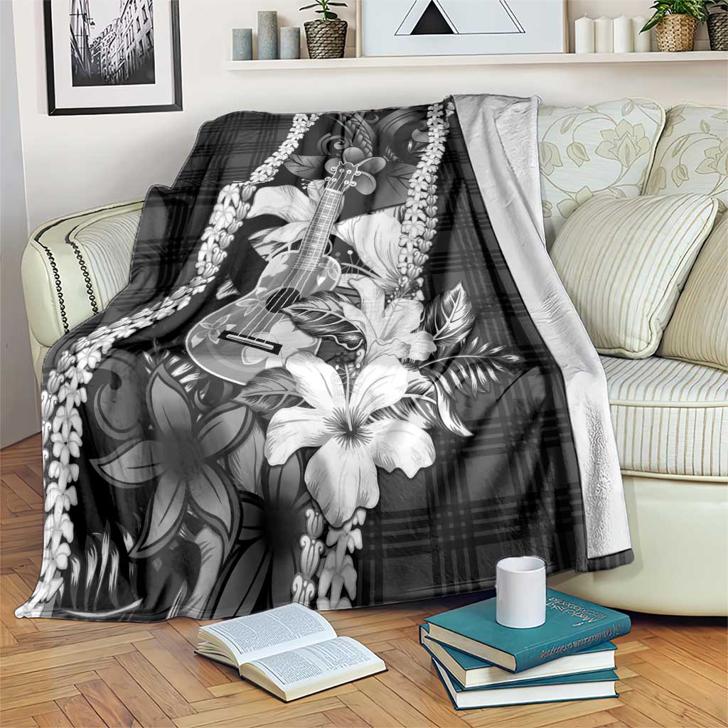 Hawaii Ukulele Blanket Tropical Flowers With Palaka Effect Black Version LT05 Black - Polynesian Pride