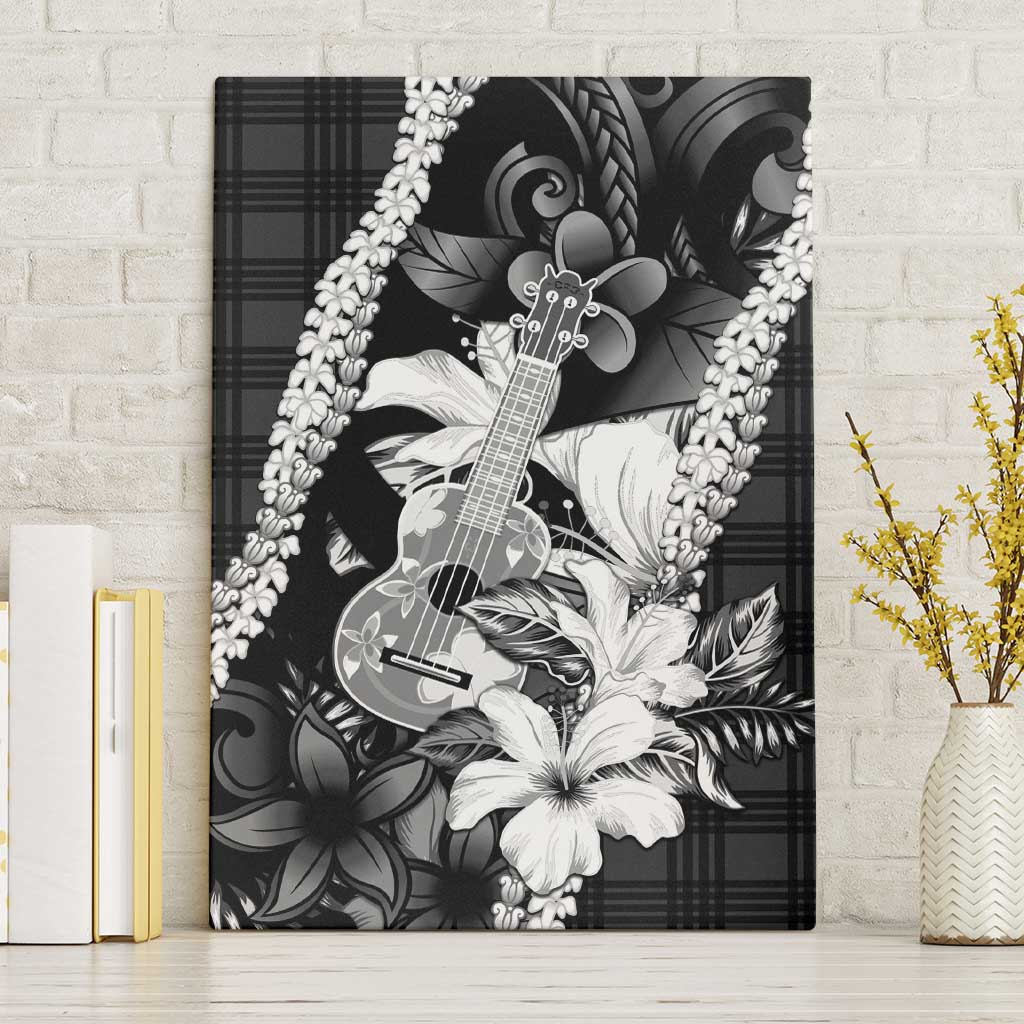 Hawaii Ukulele Canvas Wall Art Tropical Flowers With Palaka Effect Black Version LT05 Without Frame Black - Polynesian Pride