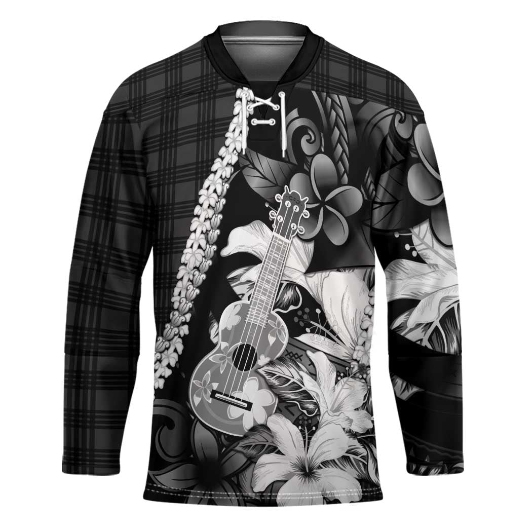 Hawaii Ukulele Hockey Jersey Tropical Flowers With Palaka Effect Black Version LT05 Unisex Black - Polynesian Pride
