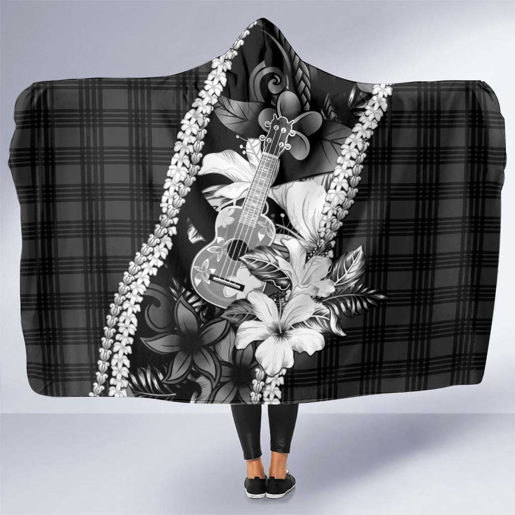 Hawaii Ukulele Hooded Blanket Tropical Flowers With Palaka Effect Black Version LT05 One Size Black - Polynesian Pride