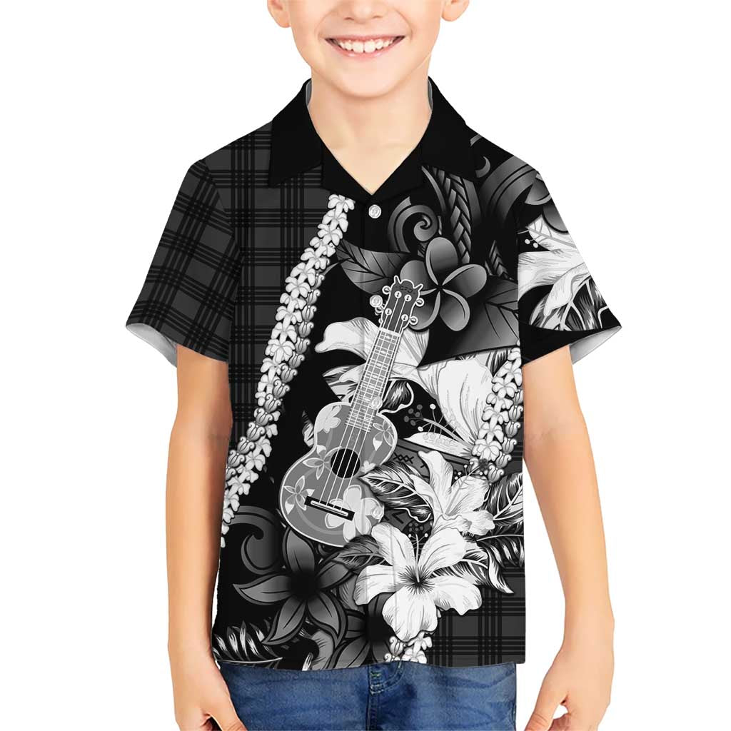 Hawaii Ukulele Kid Hawaiian Shirt Tropical Flowers With Palaka Effect Black Version LT05 Kid Black - Polynesian Pride
