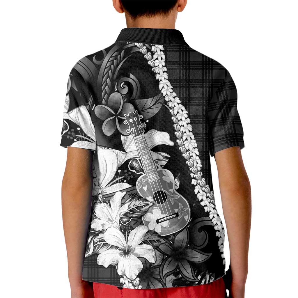 Hawaii Ukulele Kid Polo Shirt Tropical Flowers With Palaka Effect Black Version LT05 - Polynesian Pride