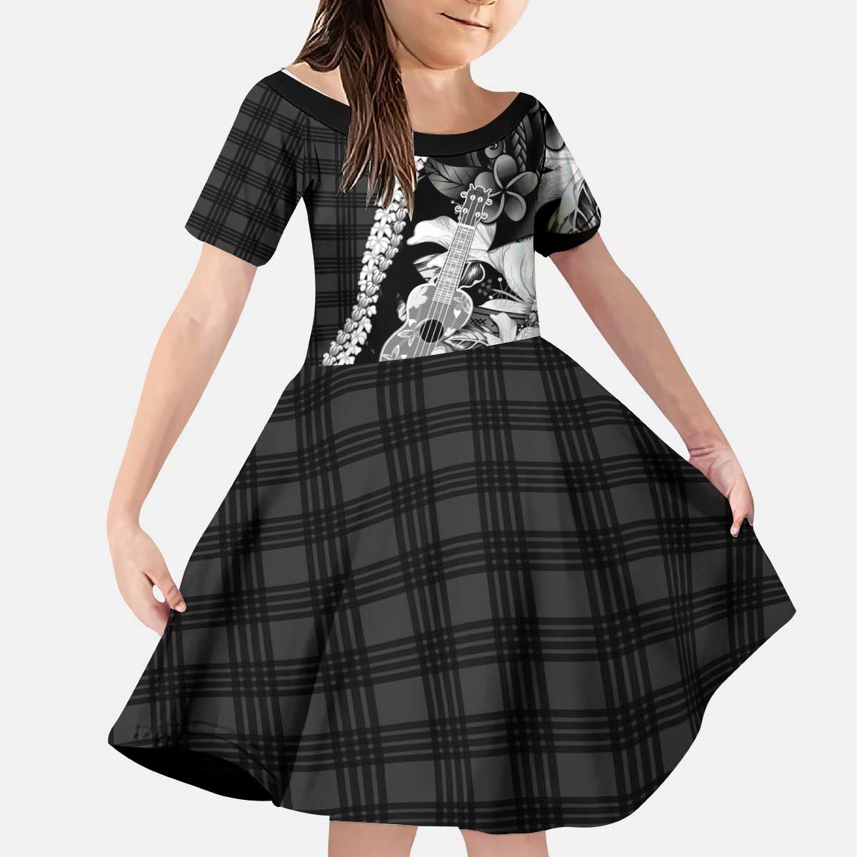 Hawaii Ukulele Kid Short Sleeve Dress Tropical Flowers With Palaka Effect Black Version LT05 KID Black - Polynesian Pride