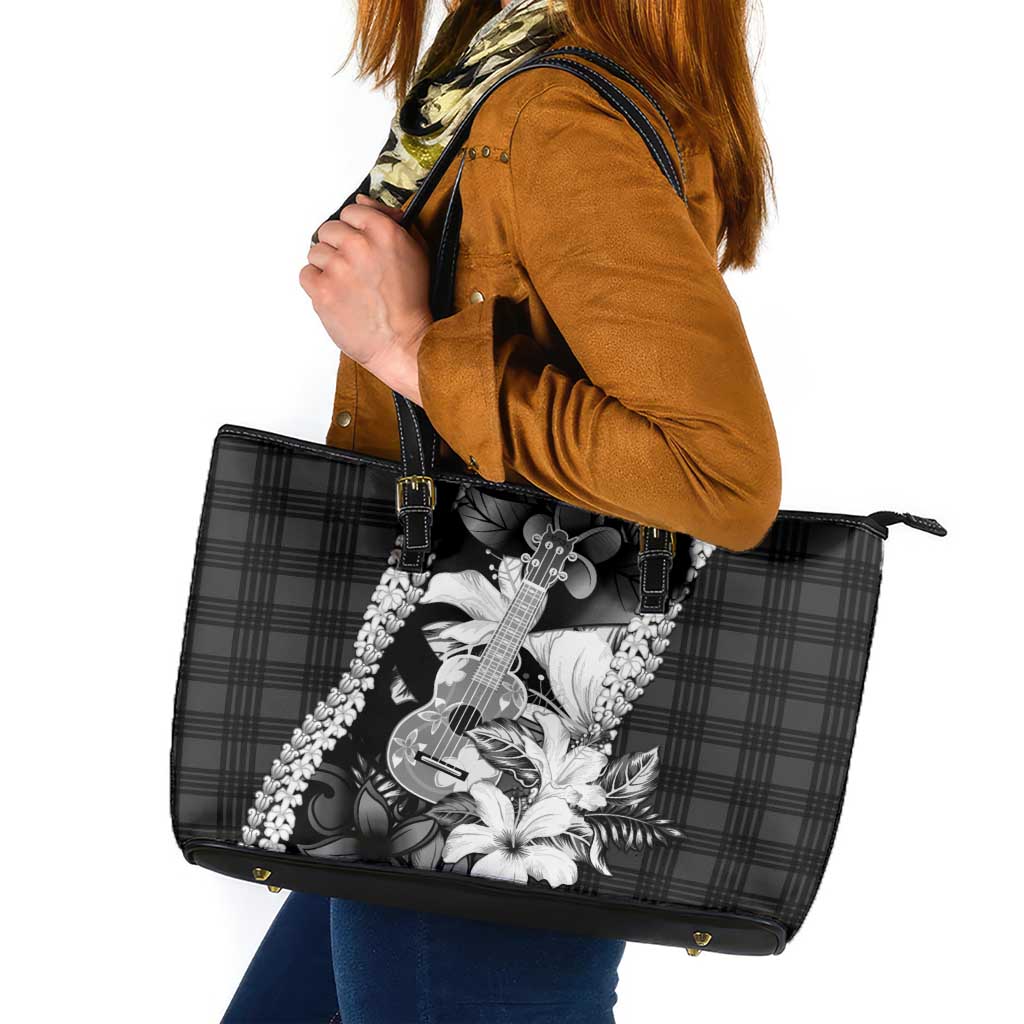 Hawaii Ukulele Leather Tote Bag Tropical Flowers With Palaka Effect Black Version LT05 Black - Polynesian Pride