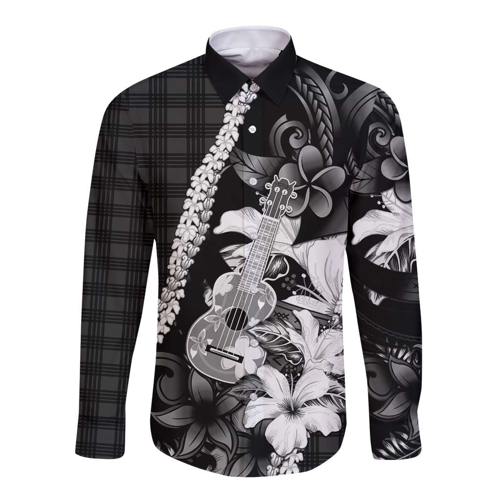 Hawaii Ukulele Long Sleeve Button Shirt Tropical Flowers With Palaka Effect Black Version LT05 Unisex Black - Polynesian Pride
