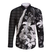 Hawaii Ukulele Long Sleeve Button Shirt Tropical Flowers With Palaka Effect Black Version LT05 Unisex Black - Polynesian Pride