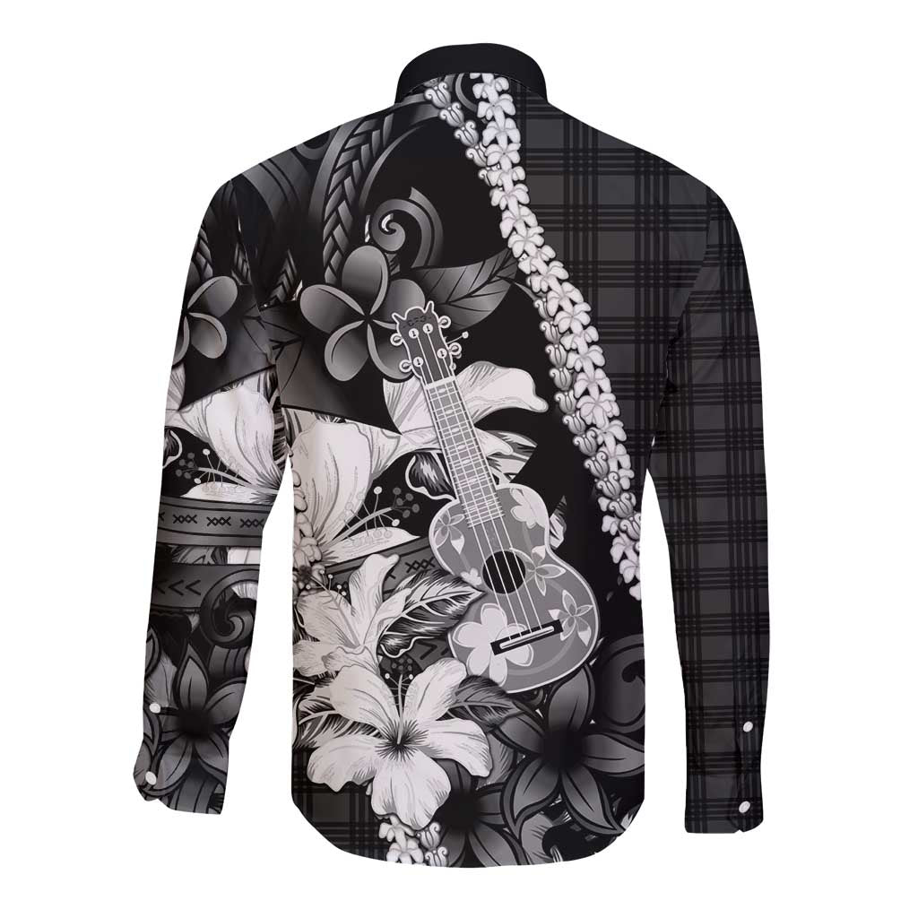 Hawaii Ukulele Long Sleeve Button Shirt Tropical Flowers With Palaka Effect Black Version LT05 - Polynesian Pride