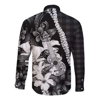 Hawaii Ukulele Long Sleeve Button Shirt Tropical Flowers With Palaka Effect Black Version LT05 - Polynesian Pride