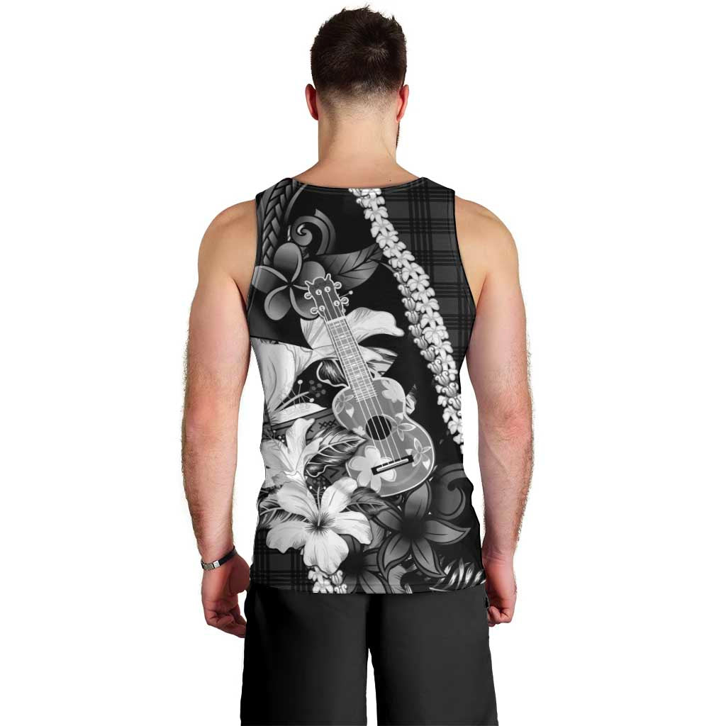 Hawaii Ukulele Men Tank Top Tropical Flowers With Palaka Effect Black Version LT05 - Polynesian Pride