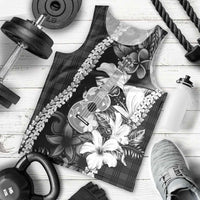 Hawaii Ukulele Men Tank Top Tropical Flowers With Palaka Effect Black Version LT05 - Polynesian Pride