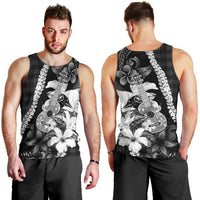 Hawaii Ukulele Men Tank Top Tropical Flowers With Palaka Effect Black Version LT05 - Polynesian Pride