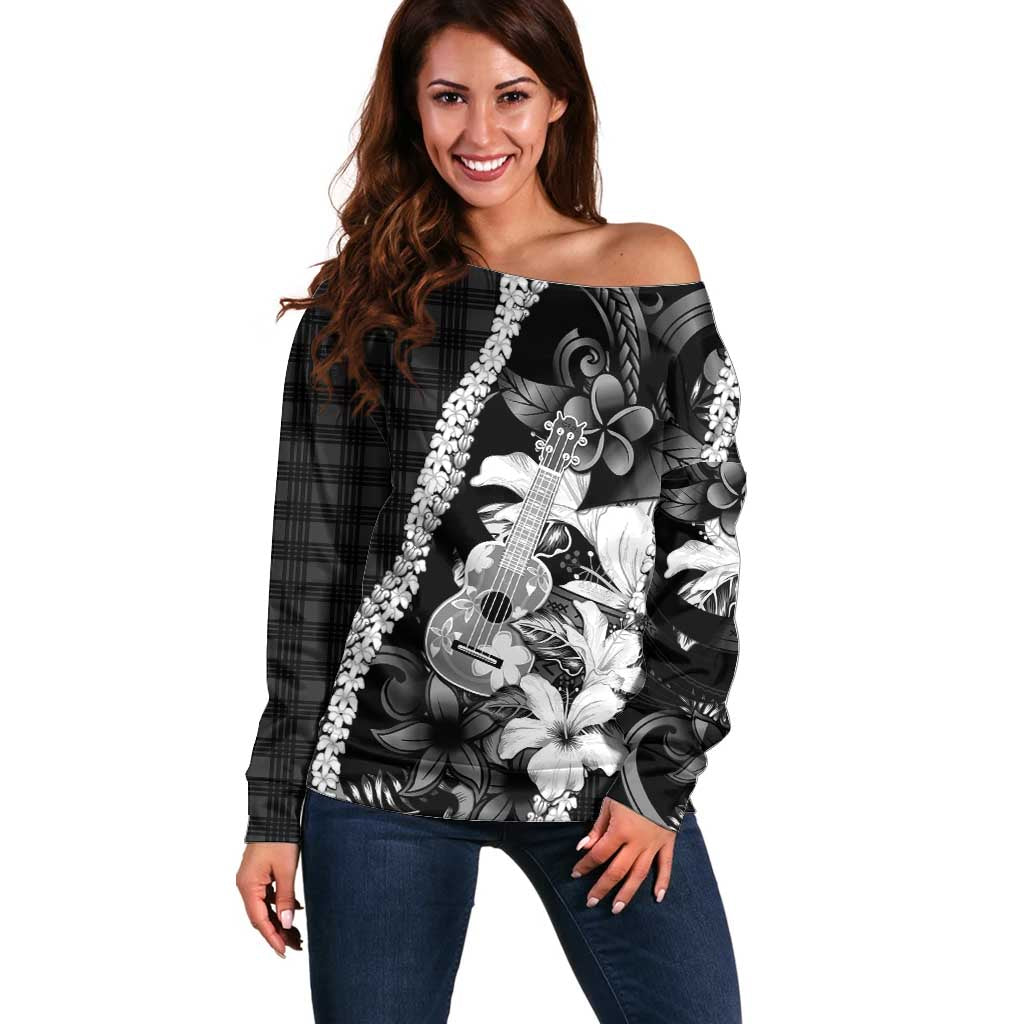 Hawaii Ukulele Off Shoulder Sweater Tropical Flowers With Palaka Effect Black Version LT05 Women Black - Polynesian Pride