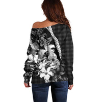 Hawaii Ukulele Off Shoulder Sweater Tropical Flowers With Palaka Effect Black Version LT05 - Polynesian Pride
