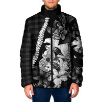Hawaii Ukulele Padded Jacket Tropical Flowers With Palaka Effect Black Version LT05 Men Black - Polynesian Pride
