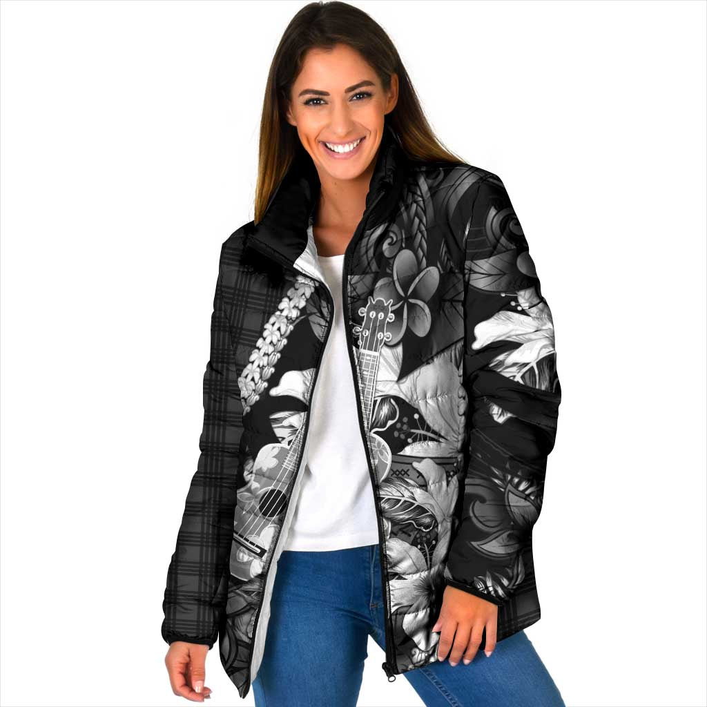 Hawaii Ukulele Padded Jacket Tropical Flowers With Palaka Effect Black Version LT05 Women Black - Polynesian Pride