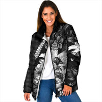 Hawaii Ukulele Padded Jacket Tropical Flowers With Palaka Effect Black Version LT05 Women Black - Polynesian Pride