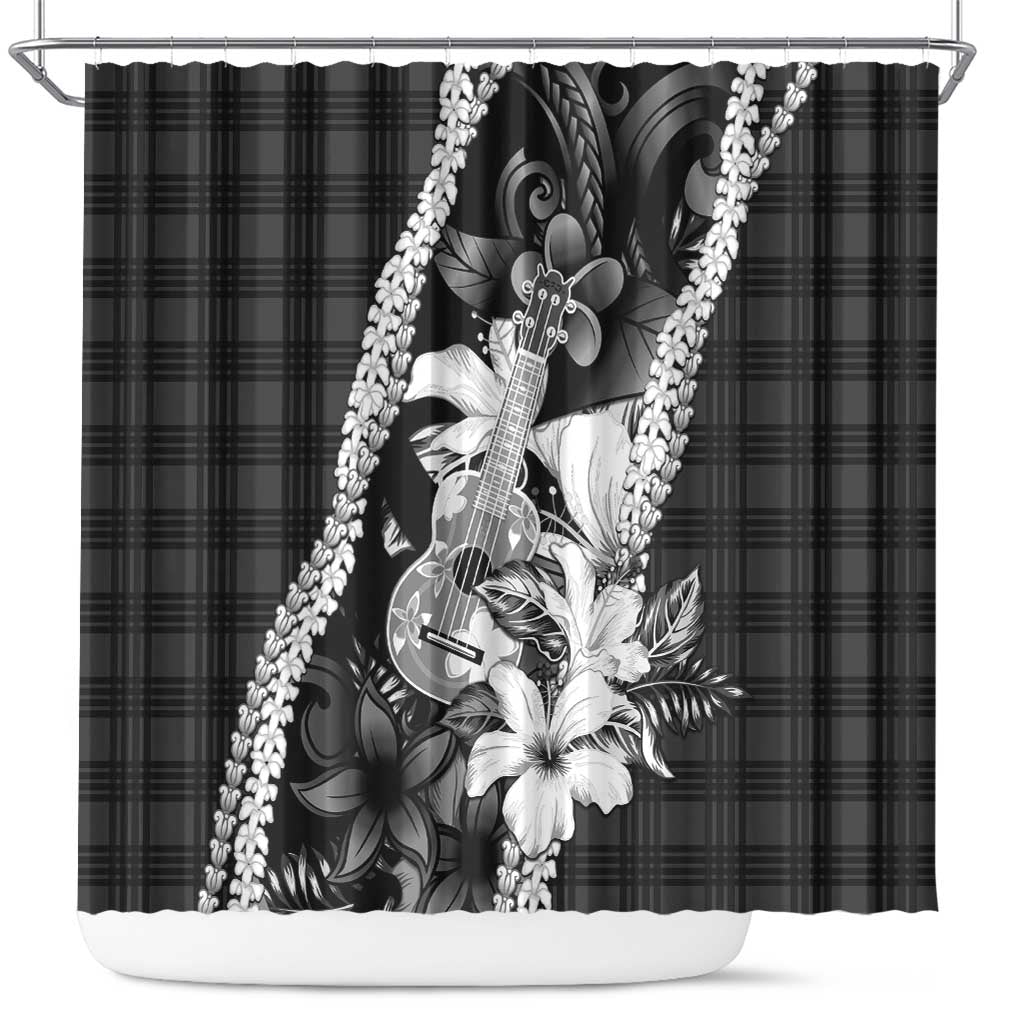 Hawaii Ukulele Shower Curtain Tropical Flowers With Palaka Effect Black Version LT05 Black - Polynesian Pride
