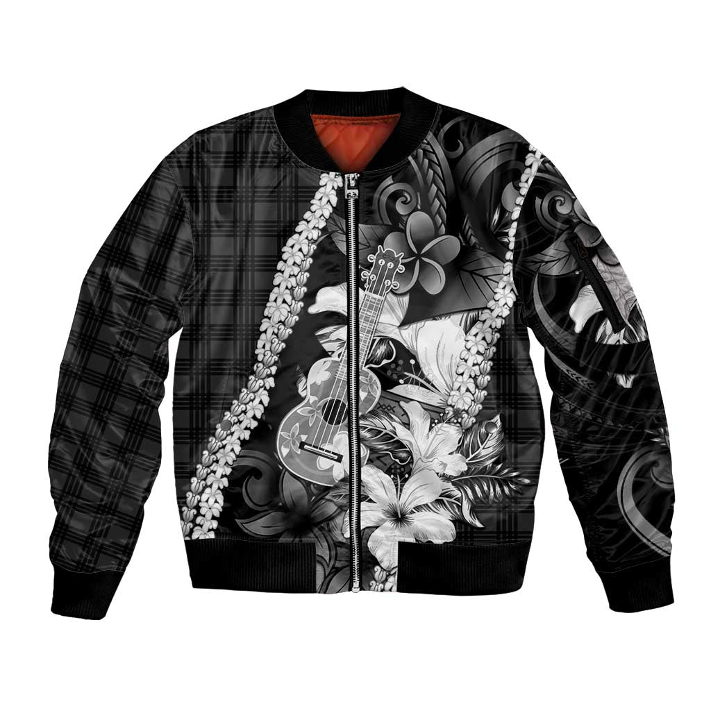 Hawaii Ukulele Sleeve Zip Bomber Jacket Tropical Flowers With Palaka Effect Black Version LT05 Unisex Black - Polynesian Pride