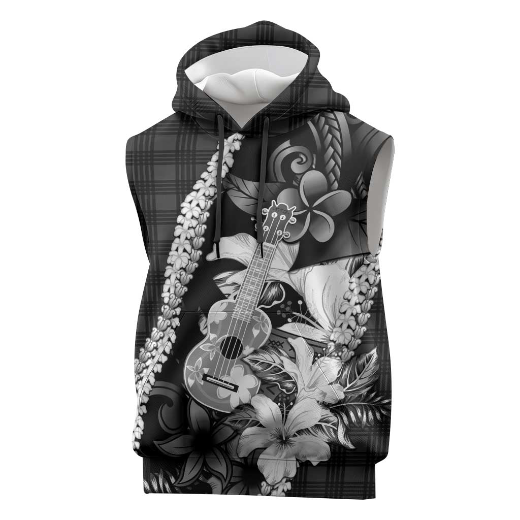 Hawaii Ukulele Sleeveless Hoodie Tropical Flowers With Palaka Effect Black Version LT05 Black - Polynesian Pride