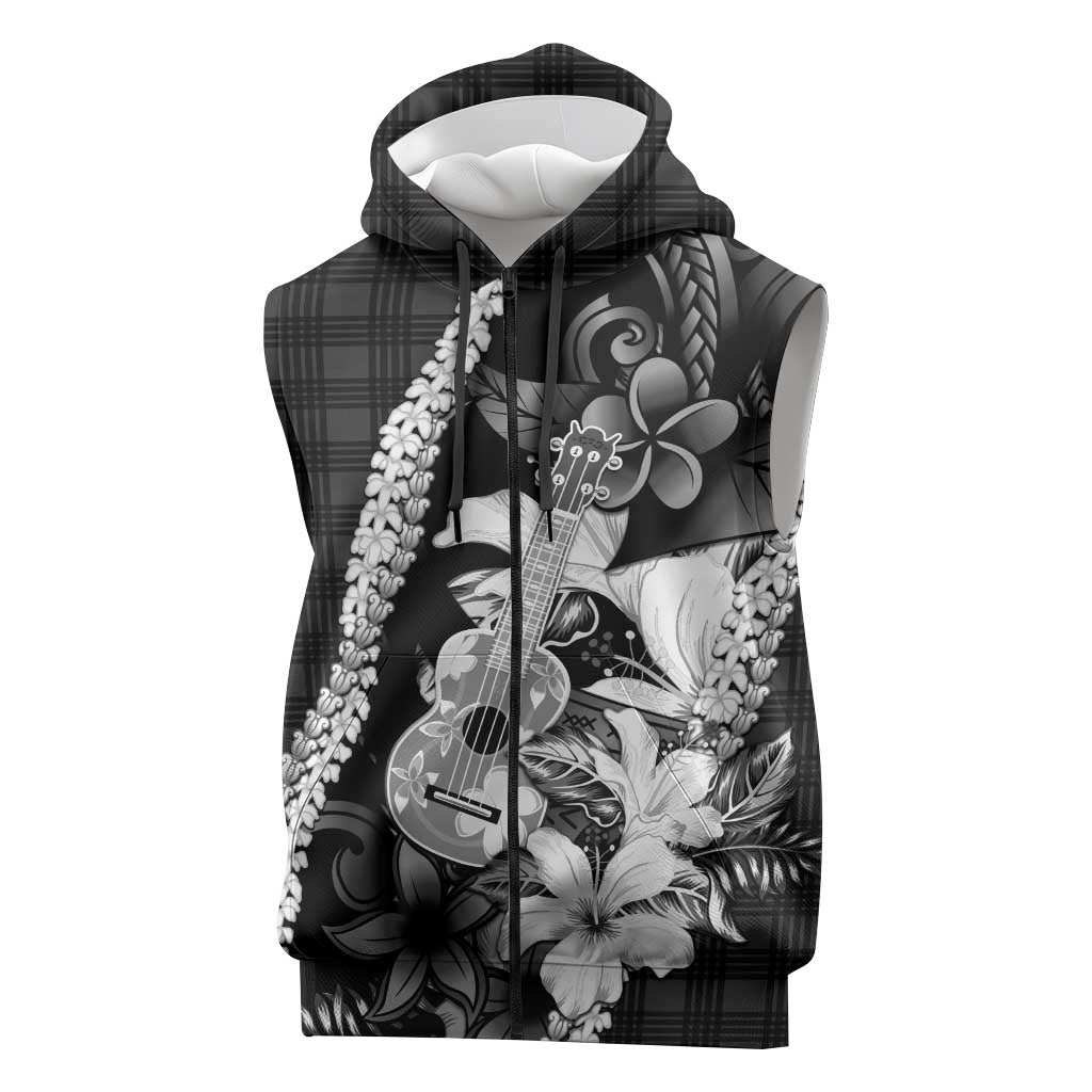 Hawaii Ukulele Sleeveless Zip Hoodie Tropical Flowers With Palaka Effect Black Version LT05 Black - Polynesian Pride