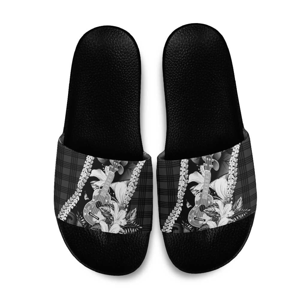 Hawaii Ukulele Slide Sandals Tropical Flowers With Palaka Effect Black Version LT05 Black - Polynesian Pride