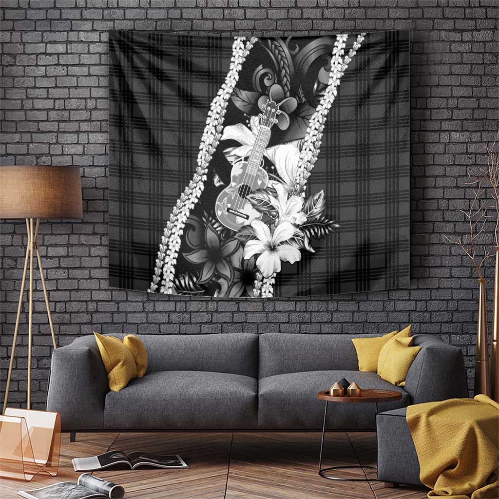 Hawaii Ukulele Tapestry Tropical Flowers With Palaka Effect Black Version LT05 Black - Polynesian Pride