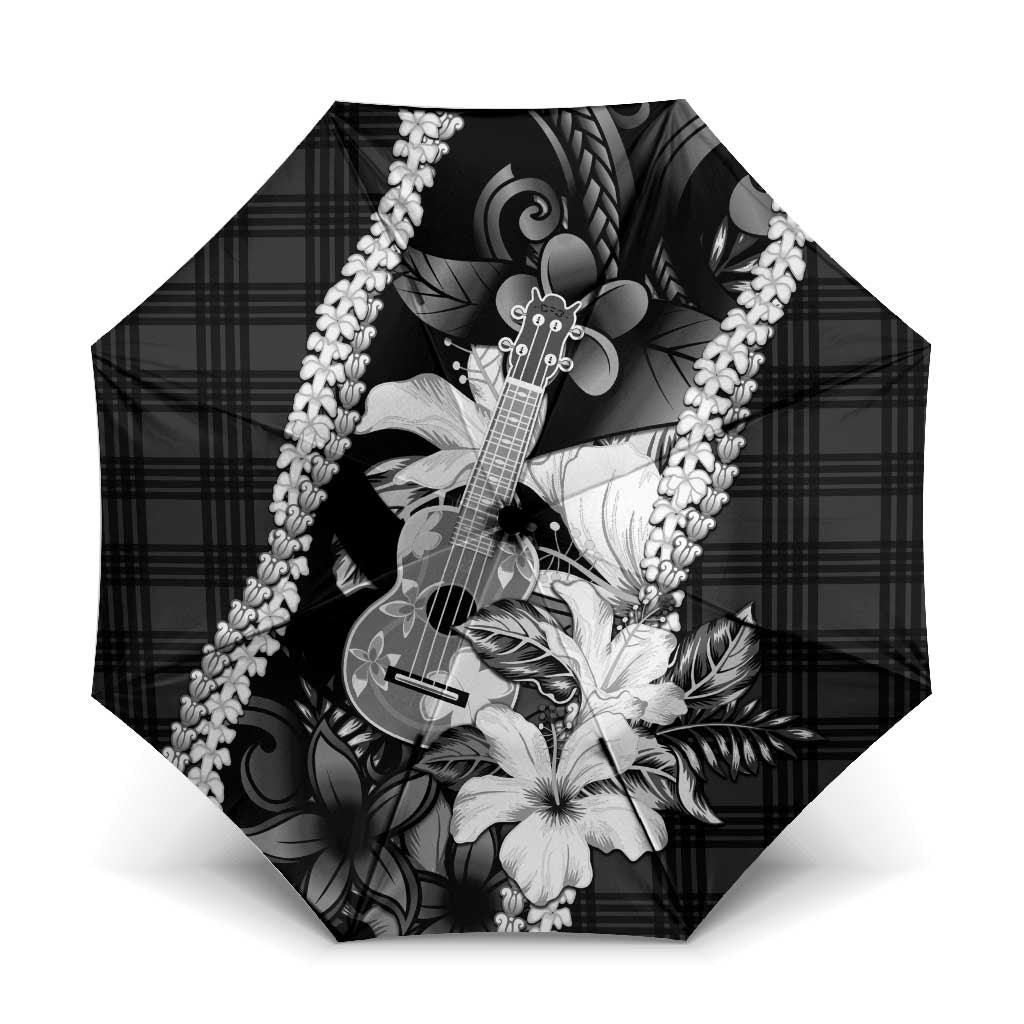 Hawaii Ukulele Umbrella Tropical Flowers With Palaka Effect Black Version LT05 One Size Folded 11.42 inch Opened Diameter 37.4 inch Black - Polynesian Pride