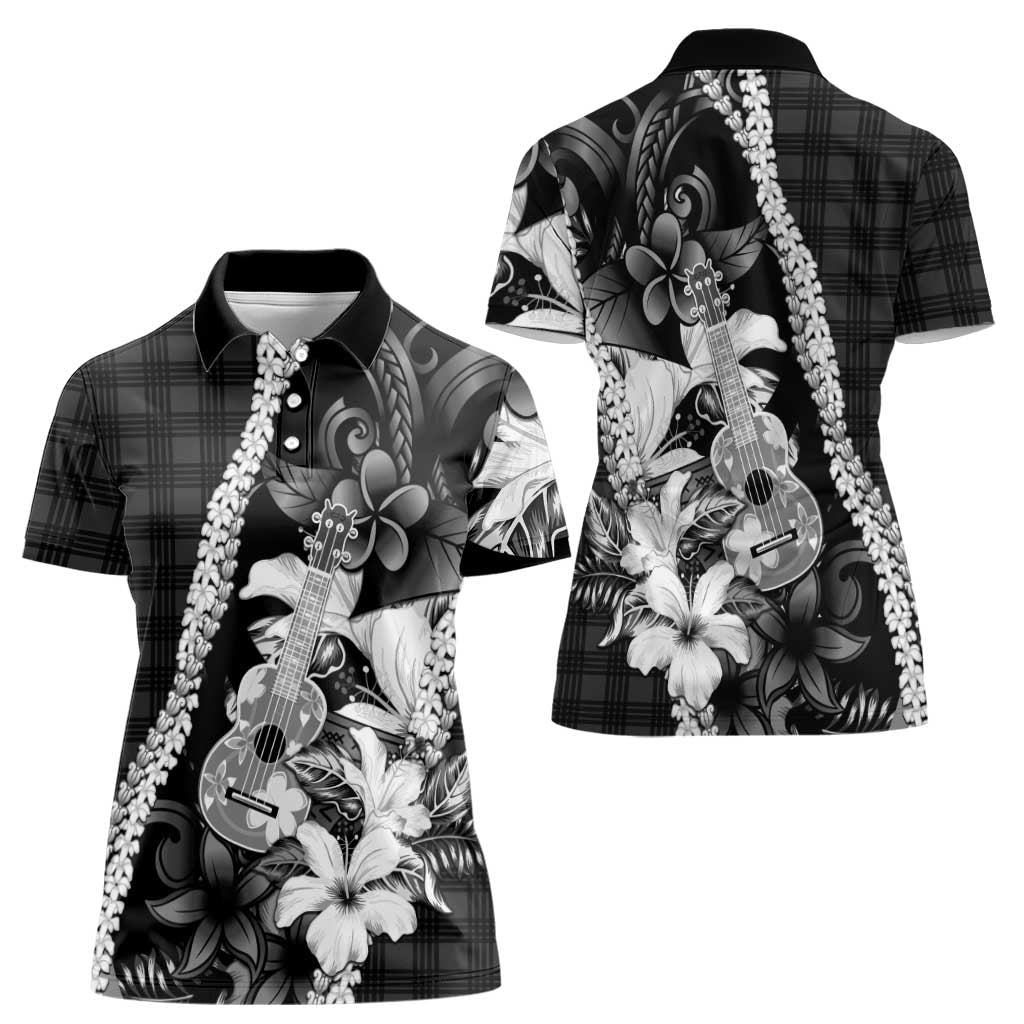 Hawaii Ukulele Women Polo Shirt Tropical Flowers With Palaka Effect Black Version LT05 - Polynesian Pride