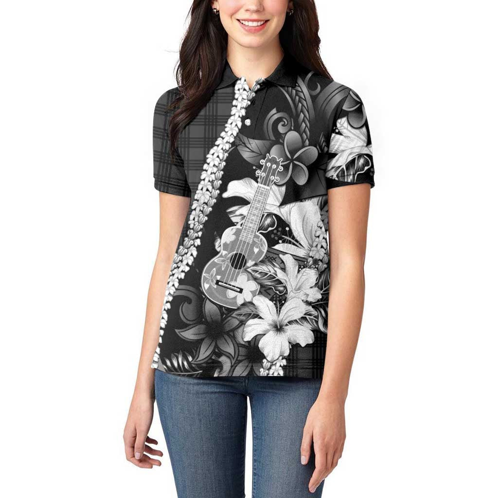 Hawaii Ukulele Women Polo Shirt Tropical Flowers With Palaka Effect Black Version LT05 - Polynesian Pride