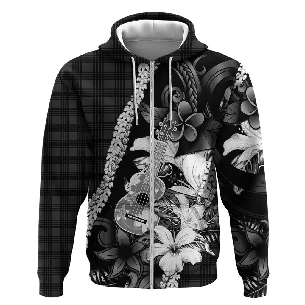 Hawaii Ukulele Zip Hoodie Tropical Flowers With Palaka Effect Black Version LT05 Zip Hoodie Black - Polynesian Pride