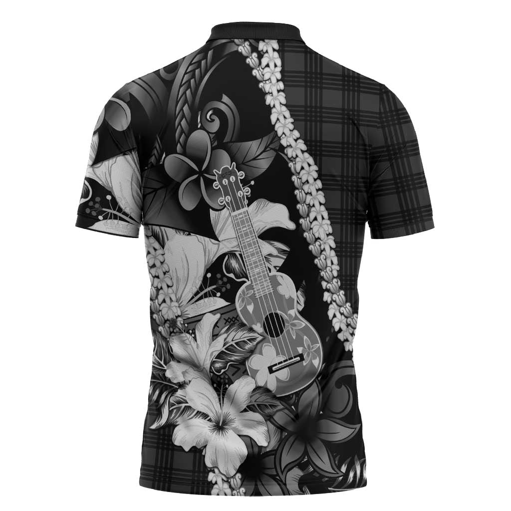 Hawaii Ukulele Zipper Polo Shirt Tropical Flowers With Palaka Effect Black Version LT05 - Polynesian Pride