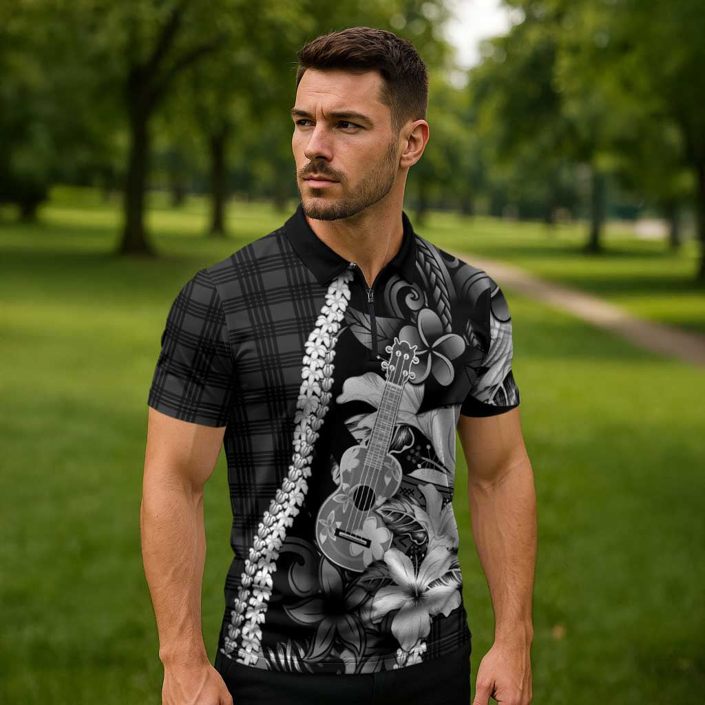 Hawaii Ukulele Zipper Polo Shirt Tropical Flowers With Palaka Effect Black Version LT05 - Polynesian Pride