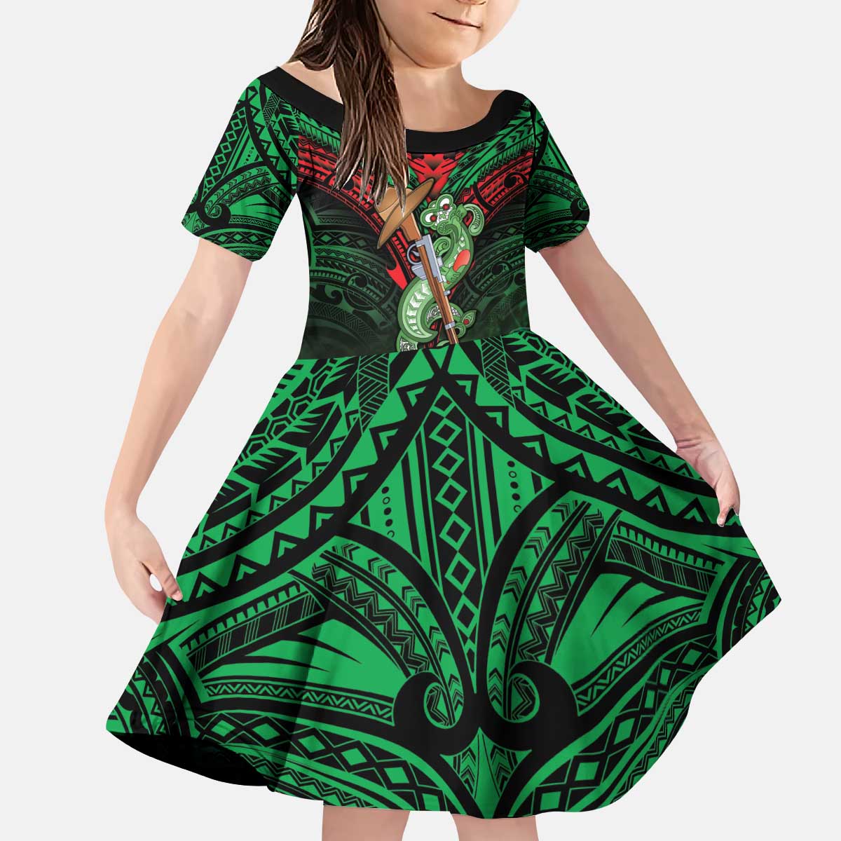 New Zealand ANZAC Day Kid Short Sleeve Dress Aotearoa Hei Tiki LT05 KID Green - Polynesian Pride