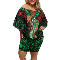 New Zealand ANZAC Day Off Shoulder Short Dress Aotearoa Hei Tiki LT05 Women Green - Polynesian Pride