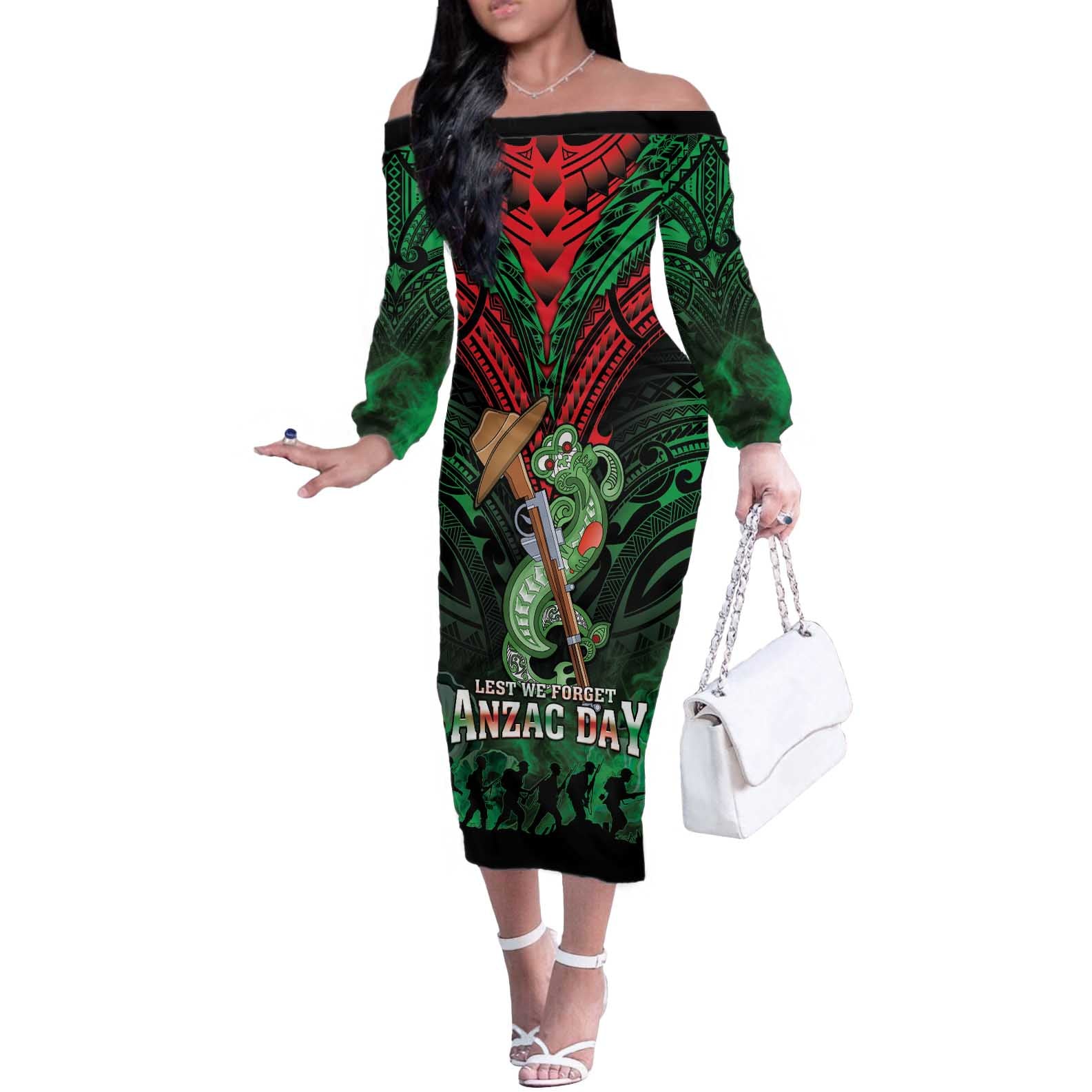 New Zealand ANZAC Day Off The Shoulder Long Sleeve Dress Aotearoa Hei Tiki