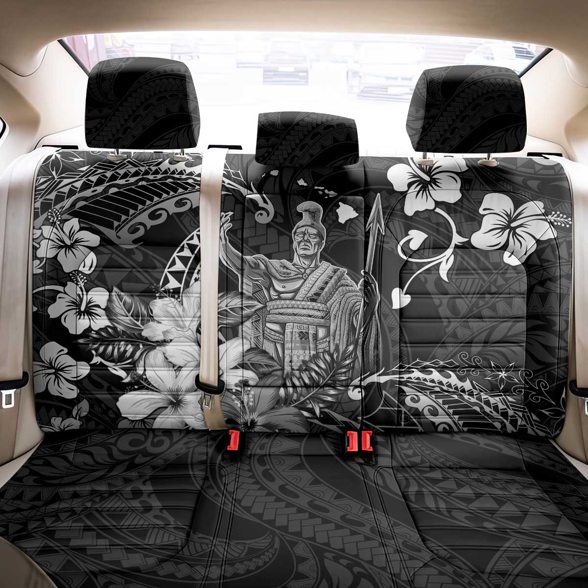 Hawaii King Kamehameha Day Back Car Seat Cover Polynesian Pattern Mix Hibiscus Black LT05 - Polynesian Pride