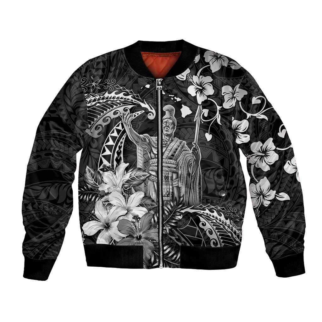 Hawaii King Kamehameha Day Bomber Jacket Polynesian Pattern Mix Hibiscus Black LT05 Unisex Black - Polynesian Pride