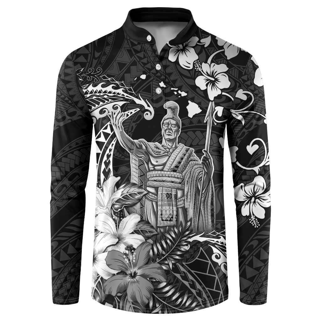 Hawaii King Kamehameha Day Button Sweatshirt Polynesian Pattern Mix Hibiscus Black LT05 Black - Polynesian Pride