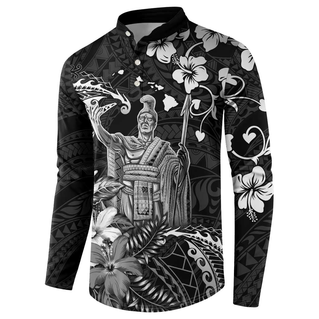 Hawaii King Kamehameha Day Button Sweatshirt Polynesian Pattern Mix Hibiscus Black LT05 - Polynesian Pride