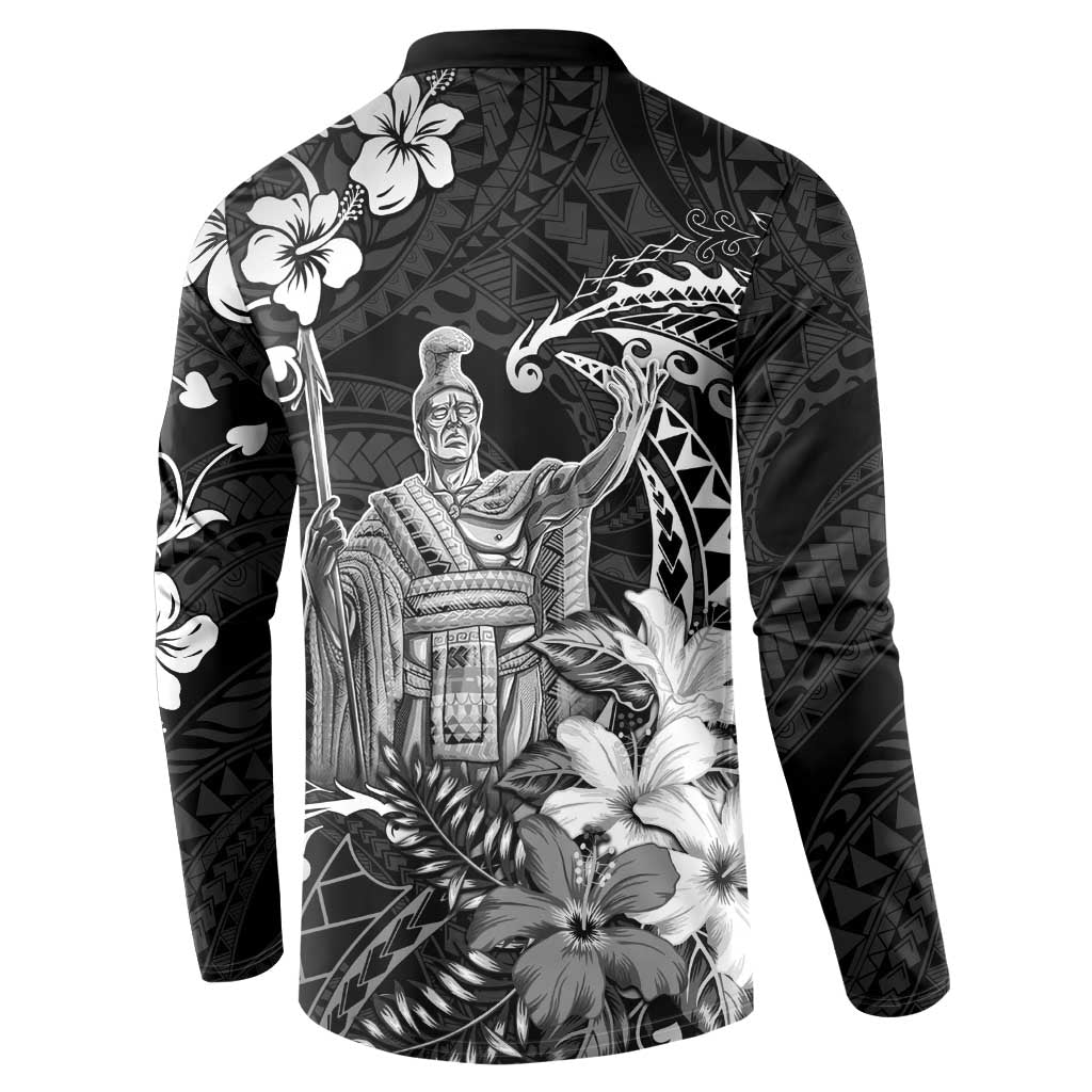 Hawaii King Kamehameha Day Button Sweatshirt Polynesian Pattern Mix Hibiscus Black LT05 - Polynesian Pride