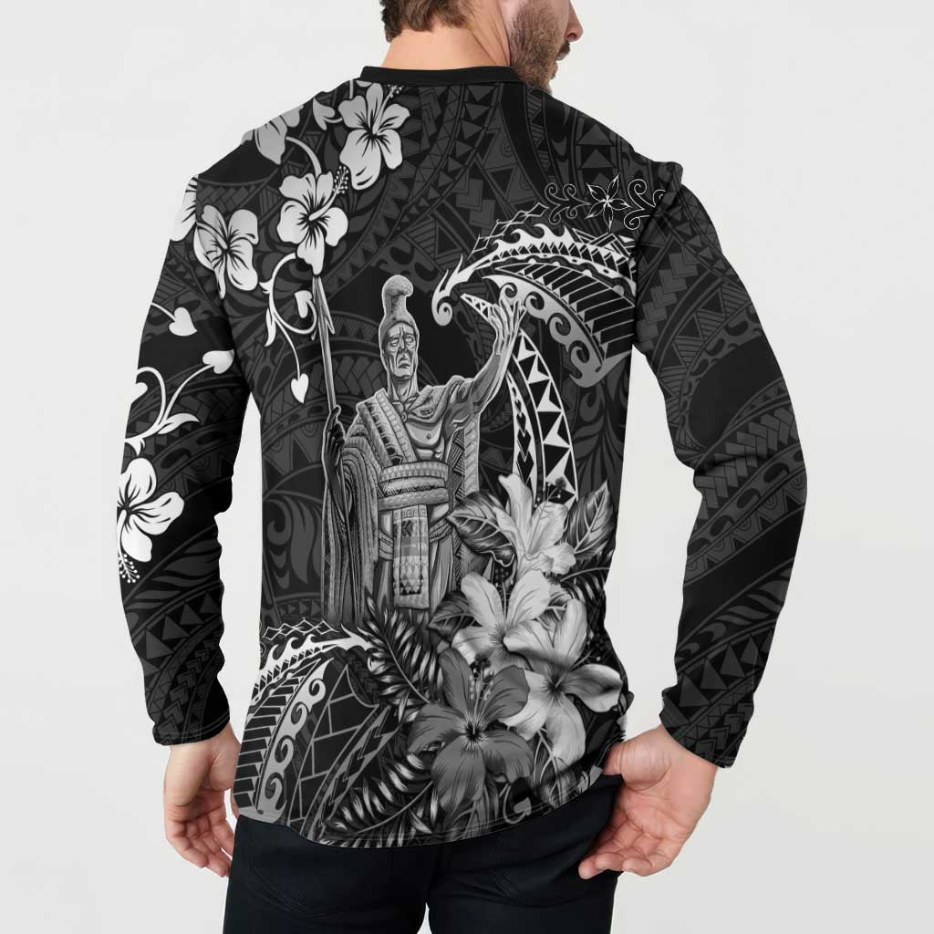 Hawaii King Kamehameha Day Button Sweatshirt Polynesian Pattern Mix Hibiscus Black LT05 - Polynesian Pride